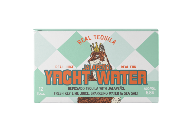 Yacht Water Jalapeno 6 Pack Carton in green argyle with orange lettering and a fox with a crown