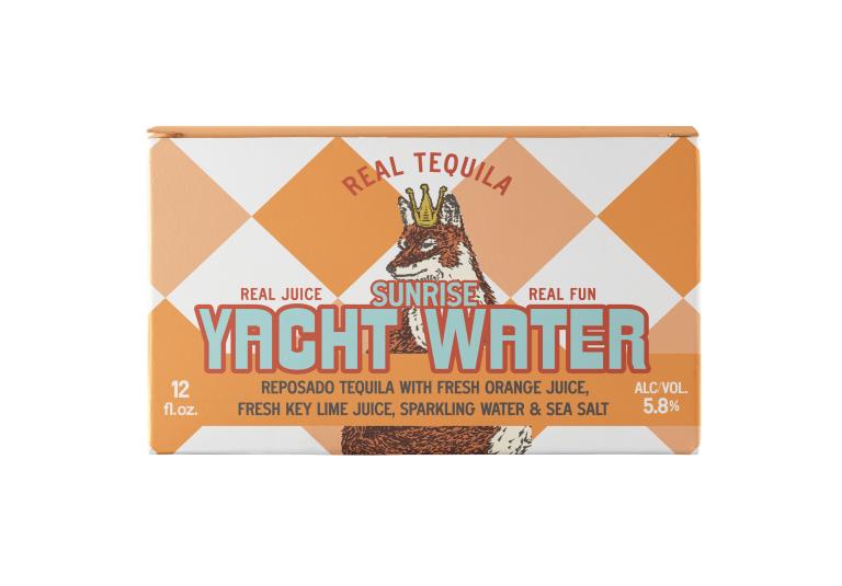 Yacht Water Sunrise 6 Pack Carton in orange argyle with aqua blue lettering and a fox with a crown
